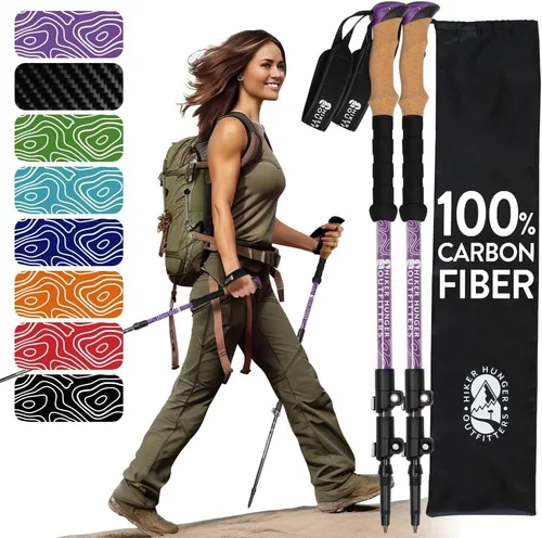 Vista 17 de 100% Carbon Fiber Trekking Poles by USA Brand - Ultra Strong Lightweight Collapsible Hiking Poles with Cork and EVA Foam Grips & Quick Adjustable