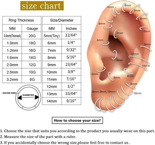 Vista 8 de PEAKLINK - Piercing de aro para la nariz de 20 g, 18 g, 16 g, 14 g, 12 g, 10 g, 8 g, de acero inoxidable con bisagras, segmento sin uniones