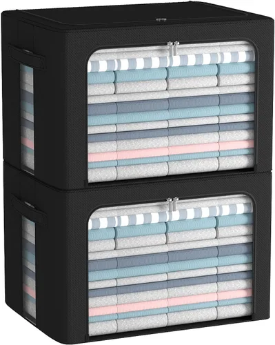 Vista 12 de CYhom Caja de almacenamiento de ropa, juego organizador plegable de tela de lino con ventana transparente, asas de transporte y marco de metal, 2