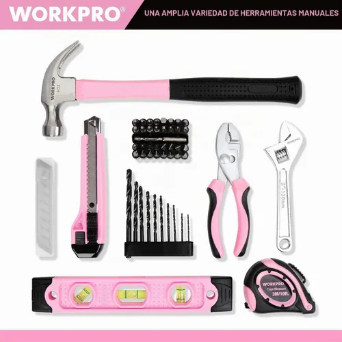 Vista 7 de WORKPRO Taladro inalámbrico rosa de 12 V y kit de herramientas para el hogar, juego de herramientas manuales para bricolaje, mantenimiento