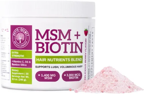Vista 3 de Qhemet Biologics MSM + Biotin - Mezcla de bebida nutritiva para el cabello, vitaminas en polvo para apoyar un volumen exuberante, sílice de bambú