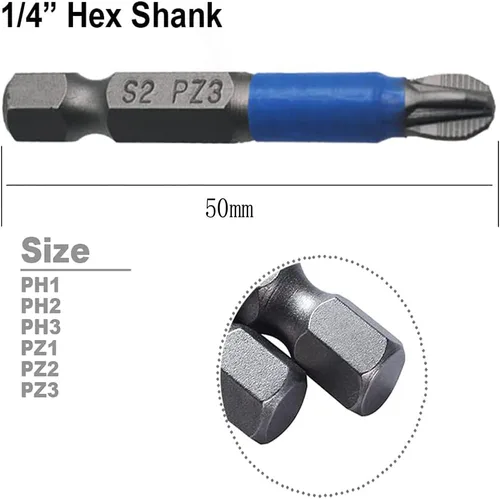Vista 2 de 12 unids 1.969 in S2 acero magnético antideslizante cruz Pozidriv Destornillador Bits Set PH1 PH2 PH3 PZ1 PZ2 PZ3 1/4 pulgada hexagonal cabeza cruz