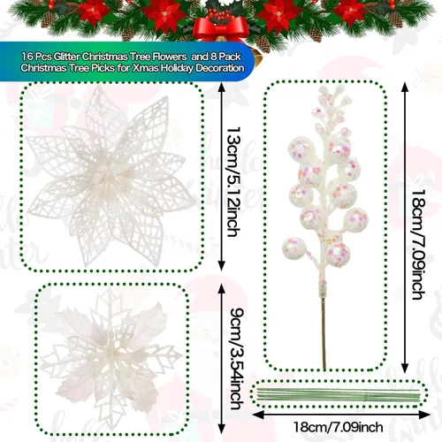 Vista 2 de Juego de 22 flores artificiales de flor de pascua navideña y tallos de bayas con purpurina, 16 adornos de flores de árbol de Navidad con purpurina