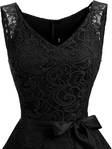 Vista 3 de Dressystar - Vestido de fiesta corto para mujer con encaje floral y cuello en V, ideal para dama de honor y baile de graduación