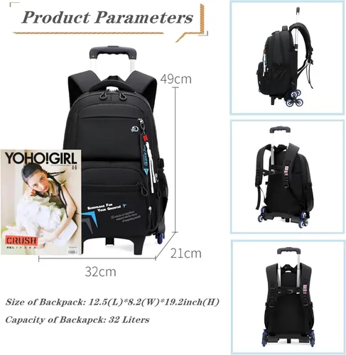Vista 4 de Mochilas con ruedas para adolescentes y niños, bolsas escolares para libros de primaria, C-2 Ruedas-gris