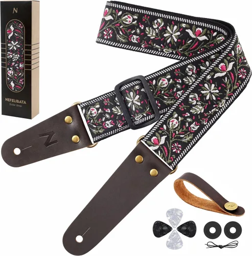 Vista 29 de Nefelibata Correa de guitarra, correas de guitarra de algodón bordadas con extremos de cuero de vaca para bajo, guitarras eléctricas y acústicas