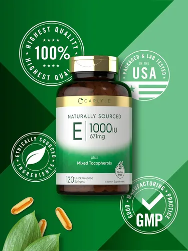 Vista 6 de Carlyle Cápsulas blandas de vitamina E de 1000 UI con tocoferoles mixtos 120 píldoras Suplemento de origen natural Fórmula sin OMG y sin