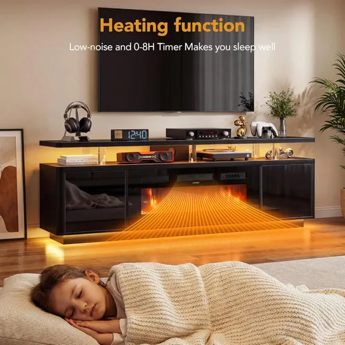 Vista 5 de oneinmil Soporte de TV con chimenea de 70 pulgadas para sala de estar, centro de entretenimiento con chimenea eléctrica con luces LED dobles