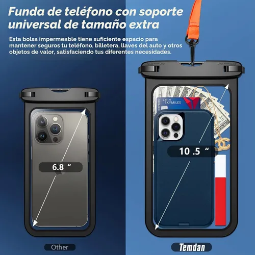 Vista 2 de 2 bolsas impermeables para teléfono, [hasta 10 pulgadas grande] Funda universal IPX8 impermeable para teléfono celular, bolsa seca con cordón