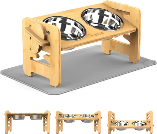 Vista 12 de Cuencos elevados para perros, soporte elevado ajustable para mascotas de tamaño mediano, alimentador de alimentos de bambú resistente con 2 platos