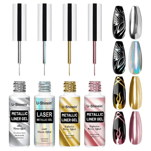 Vista 10 de Juego de esmaltes de gel de pintura de espejo metálico de 4 x 0.4 fl oz, esmalte de uñas de gel pintado con efecto cromado espejo, gel de dibujo