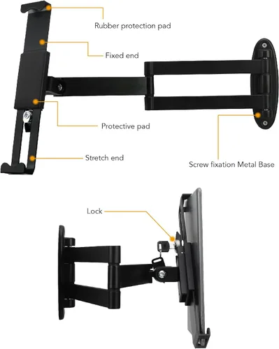 Vista 4 de Soporte de pared para tableta, brazo giratorio ajustable, cerradura de seguridad antirrobo y llave, plegable, rotación 360°, negro