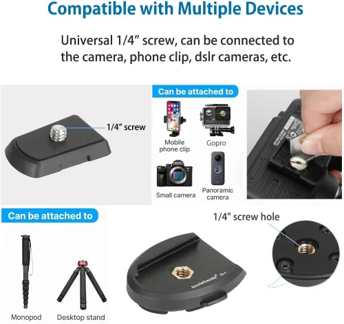 Vista 6 de koolehaoda Adaptador de placa de liberación rápida, accesorios para cámara de acción, compatible con Gopro/Selfie Stick/trípode/monopie/cámara