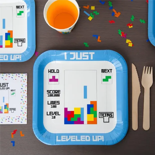 Vista 4 de Tetris - Kit de fiesta en caja – Celebración, fiesta de cumpleaños, niños pequeños – 100 piezas – Videojugador – Retro – Suministros de fiesta