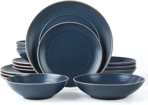 Vista 13 de ARORA SKUGGA Juego de vajilla redonda de cerámica de 16 piezas de 4, platos, platos pequeños, cuencos y tazas - Negro mate (472979)