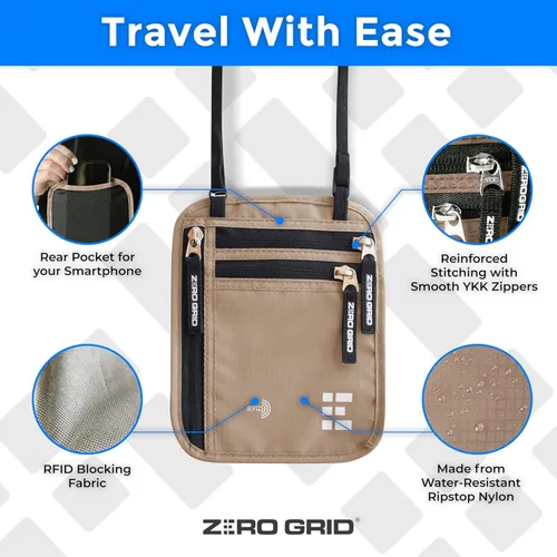 Vista 3 de Cartera para el cuello para viajes y pasaporte con bloqueo RFID, delgada y fácil de ocultar, bolsa de viaje de nailon para hombres y mujeres