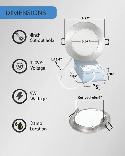 Vista 2 de POPANU Lámpara LED empotrable de 4 pulgadas, lámpara de techo sin lata de 9 W, 5 CCT, 4 pulgadas, luces LED de oblea, kits de carcasa y molduras
