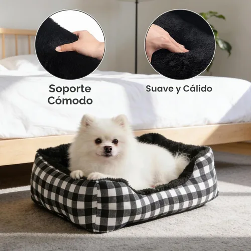 Vista 7 de Hollypet Cama Rectangular de Felpa para Perros y Gatos Autocalentable, Negra con Cuadros A cuandros negros