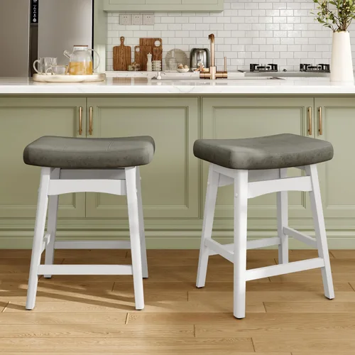 Vista 30 de MAISON ARTS Juego de 4 taburetes de bar grises para encimera de cocina, patas de madera maciza con asiento de silla de montar de piel sintética