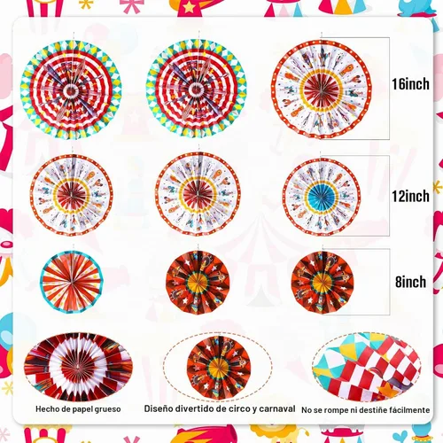 Vista 2 de Outus 9 abanicos de papel colgantes de carnaval, decoración de animales de circo, abanicos de papel para decoración de aula, carnaval, tema