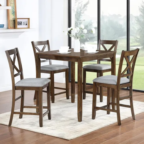 Vista 20 de Juego de mesa de comedor de 5 piezas para 4, juego de mesa de comedor cuadrada de madera maciza, juego de mesa de cocina con mesa cuadrada y 4