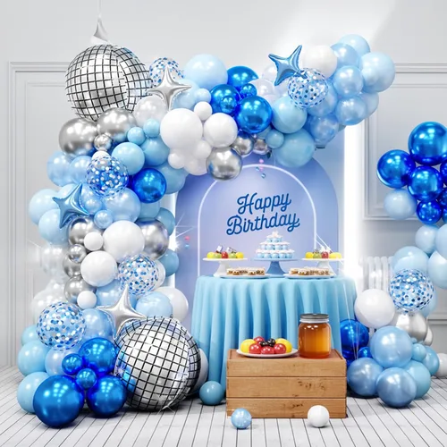 Vista 4 de FunHot Kit de arco de globos azules y plateados, kit de guirnalda de globos de color azul metálico y blanco plateado con globos de aluminio