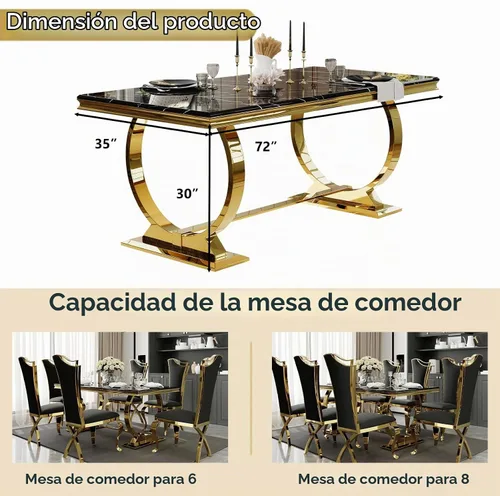 Vista 7 de ACEDÉCOR Mesa de comedor negra y dorada de 70 pulgadas, parte superior de Mesa negra con base circular dorada