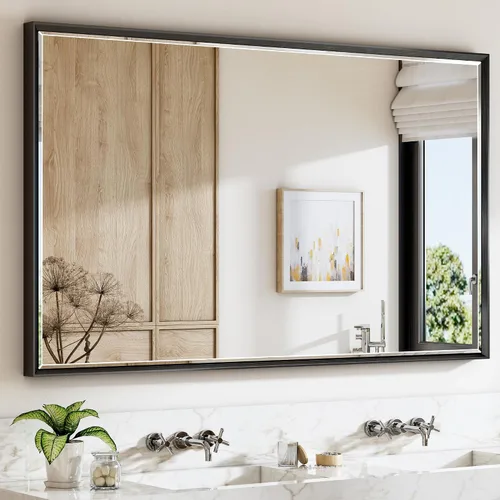 Vista 49 de Espejo de baño negro, espejo de baño biselado de 16 x 24 pulgadas para pared, espejo con marco negro antioxidante para decoración de baño, sala