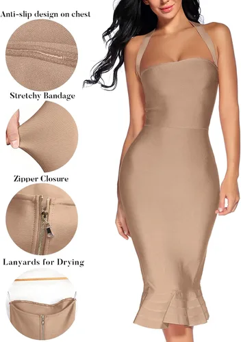 Vista 4 de houstil Vestido ajustado estilo halter con cuello en V y reborde para mujer para fiesta