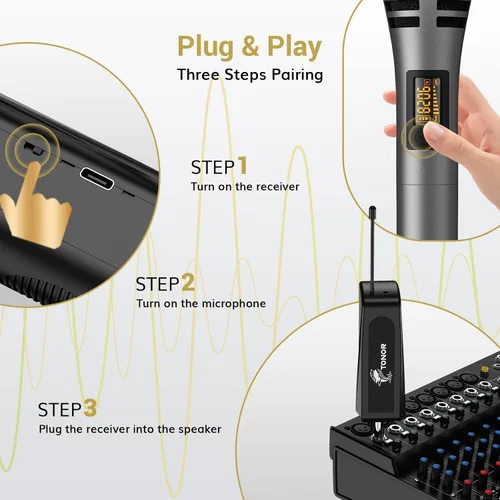 Vista 6 de TONOR Micrófonos Inalámbricos, Sistema de Micrófono UHF Dual para Karaoke, Microfonos Inalámbricos con Receptor Recargable, Micrófono Dinámico