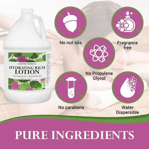 Vista 4 de Lotus Touch Loción de masaje hidratante rica 100% aceites de jojoba y coco puros más extractos de hierbas - Sin perfume - Max Glide, rica