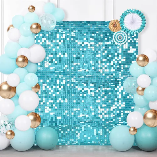 Vista 16 de 12 paneles cuadrados de lentejuelas brillantes para pared color azul claro (Baby Blue) telón de fondo decorativo para fiestas de bodas