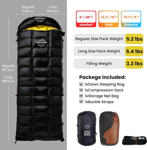 Vista 2 de 0 20 Degrees F Down Sleeping Bag for Adults,4 Season Rectangle Down Sleeping Bag for Camping Hiking Negro/Cremallera Izquierda