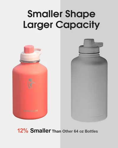 Vista 4 de Coolflask Botella de agua de 64 onzas aislada con funda de cuero PU, botella de agua de medio galón con contraste de color y tapa con popote, jarra