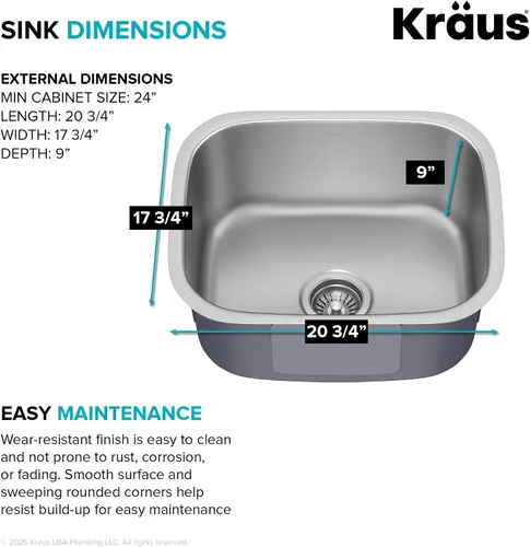 Vista 6 de Kraus KBU11 - Fregadero de cocina de acero inoxidable de 19 3/4 pulgadas, fregadero de cocina duradero de calibre 18 de un solo tazón