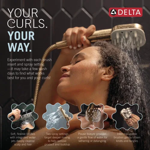 Vista 3 de Cabeza de ducha manual Delta VersaCurl para desenredar el cabello rizado con 3 insertos de cepillo para definir rizos incluidos, ducha de mano