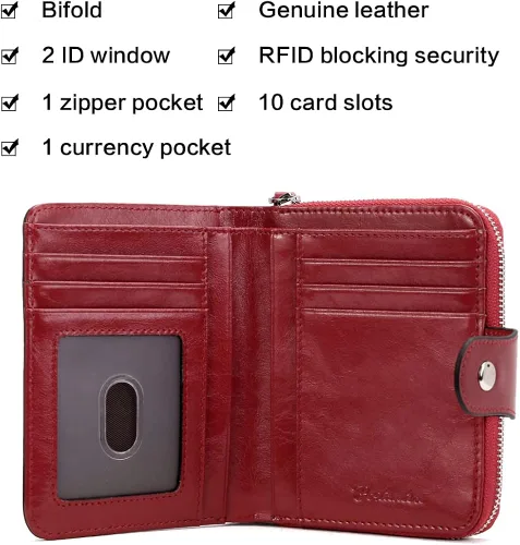 Vista 2 de BOSTANTEN - Billeteras de piel para mujer, con bloqueo RFID, con cremallera y bolsillo, billetera pequeña de dos cuerpos, con tarjetero