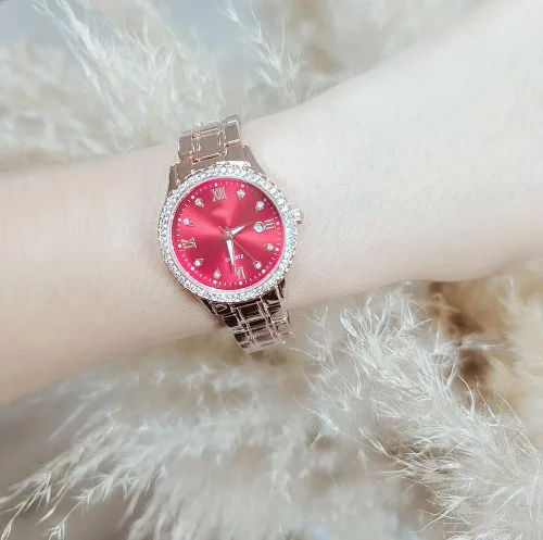 Vista 3 de Relojes de moda para mujer, esfera brillante, oro rosa, acero inoxidable, fecha, impermeable, cuarzo, para mujer
