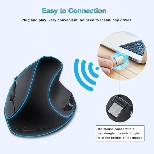 Vista 9 de SUNGI Ratón inalámbrico ergonómico, ratón vertical de 2.4 GHz con DPI ajustable para mano derecha del túnel carpiano, negro