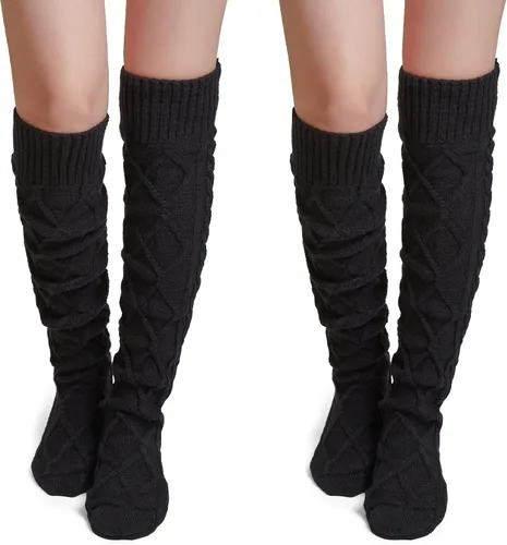 Vista 15 de Pcavin Thigh High Socks for Women, Long Cable Knit Over Knee Boot Stockings 0013 Estilo Negro