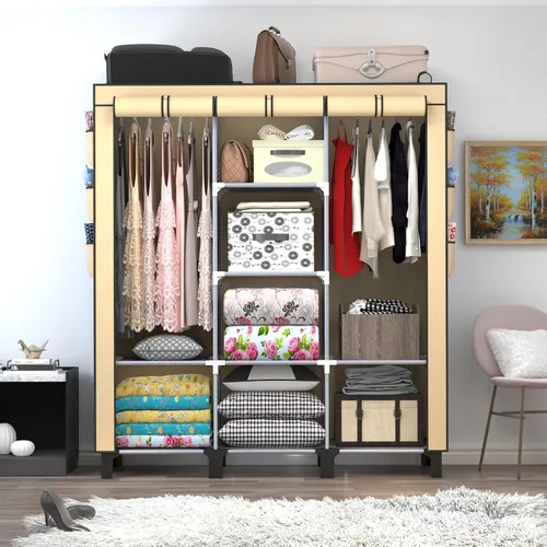 Vista 3 de Armario portátil con 10 estantes de almacenamiento y 2 postes para colgar, 18 bolsillos laterales no tejidos, tamaño 51.2 x 17.7 x 67.7 in, Beige
