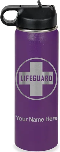 Vista 40 de LaserGram Botella de agua personalizada, salvavidas, acero inoxidable de doble pared aislada al vacío con popote superior, regalo grabado Negro