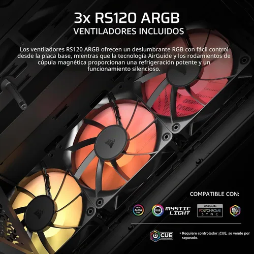 Vista 5 de CORSAIR Funda de PC de torre media 3200D RS ARGB - 3 ventiladores RS120 ARGB PWM incluidos, brazo de estabilización antihundimiento de GPU, ASUS