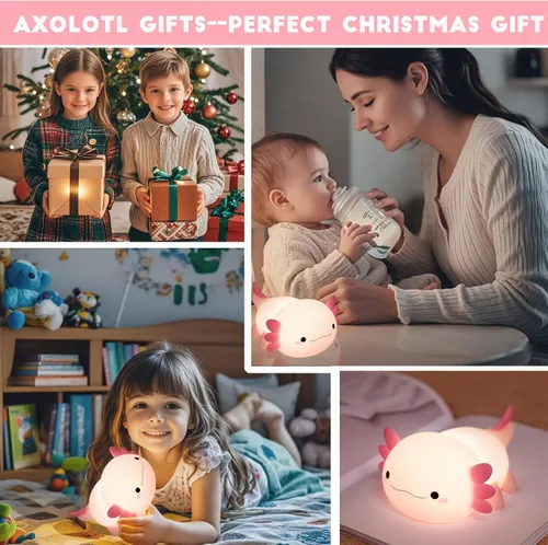 Vista 6 de HAPPYBAG Luz Nocturna de Axolotl, Lámpara de Axolotl Bonita Regalos para Niños, Luz Nocturna de Guardería de Animal de Silicona Regulable, Lámpara