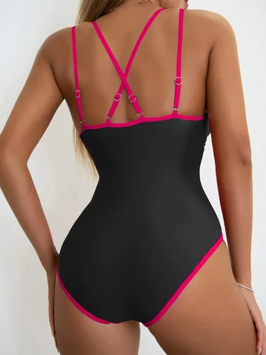 Vista 2 de B2prity Traje de baño de una pieza con cuello en V para mujer, con control de abdomen, espalda cruzada, adelgazante, 1 pieza