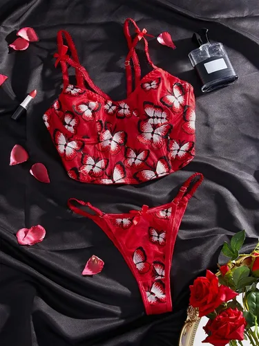 Vista 5 de WDIRARA Conjunto de lencería de 2 piezas con brasier y braga de malla para mujer con estampado de mariposas