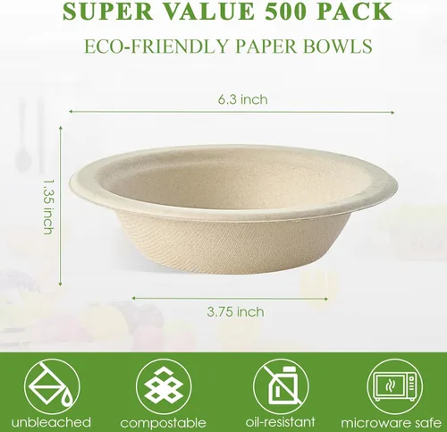 Vista 3 de Vplus Paquete de 500 Cuencos de Papel de 12 OZ a Granel, Desechables Compostables, Ecológicos de Bagazo, Cuencos de Alta Resistencia Perfectos
