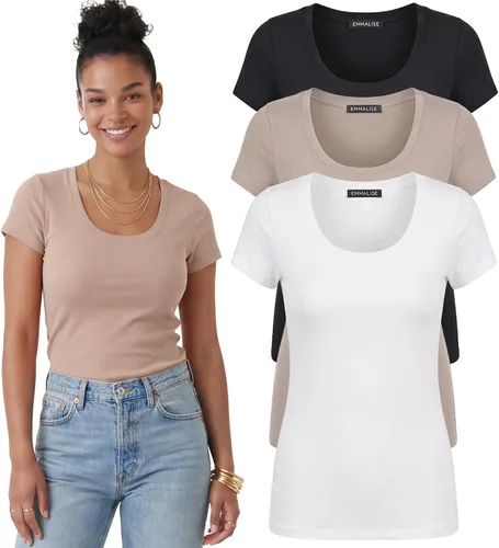 Vista 53 de Emmalise - Camiseta de manga corta para mujer, cuello redondo, estilo básico, pack de valor, tallas junior y grandes
