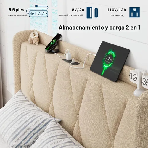 Vista 5 de GalnFu Base de cama de tamaño matrimonial con 4 cajones de almacenamiento, plataforma tapizada con estación de carga, moderna cabecera de Beige