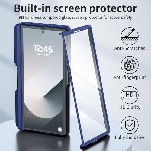 Vista 5 de Funda para Samsung Galaxy Z Fold 6 con soporte para S Pen y soporte, [protección de bisagra y protector de pantalla templado] Funda de carga Azul
